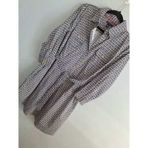 Tommy Hilfiger Logo Print Popover 3/4 Button Up Shirt Dress Womens L Blue Wht